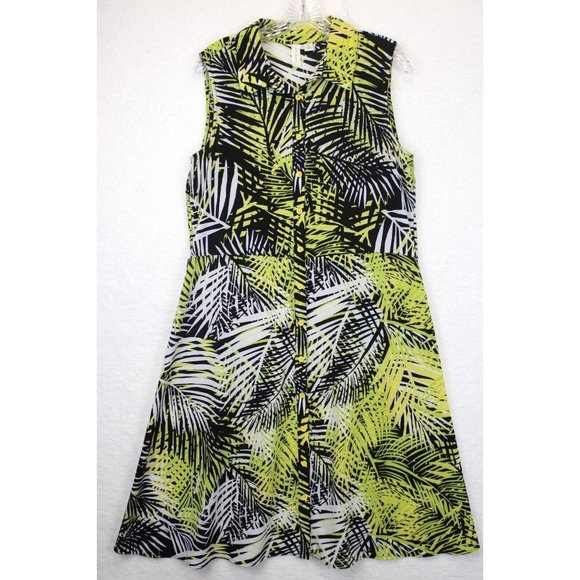 Tacera A-Line Button Down Dress Sleeveless Leaf Print Yellow Black - Picture 1 of 13